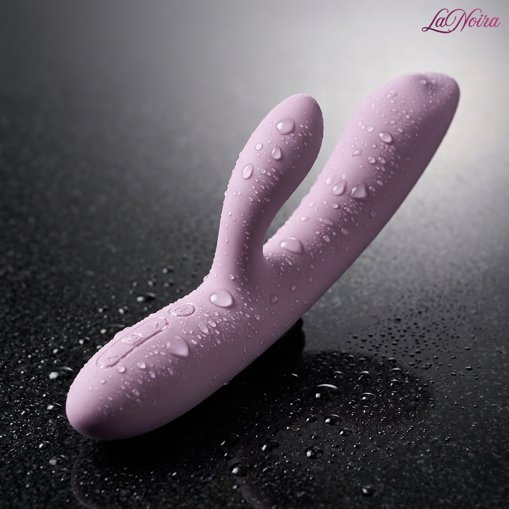 Close-up of the SVAKOM Trysta Neo dual stimulation rabbit vibrator covered with water droplets, highlighting waterproof design and premium silicone finish – LaNoira India