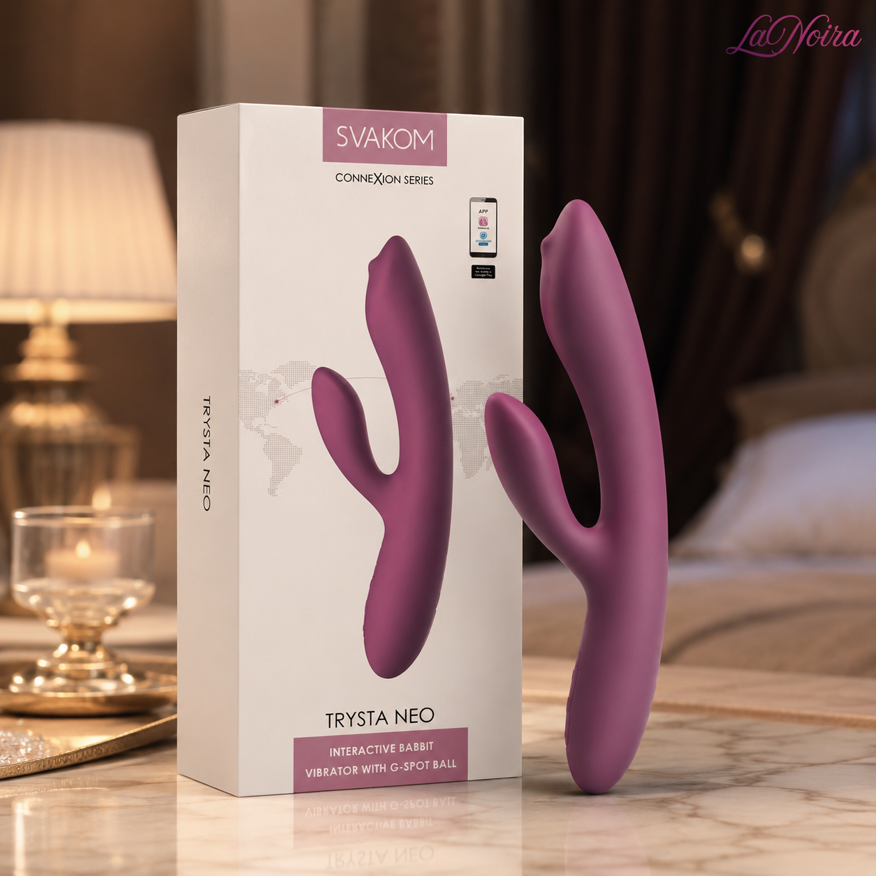 SVAKOM Trysta Neo dual stimulation rabbit vibrator with G-spot rolling ball displayed beside the retail packaging box – LaNoira India