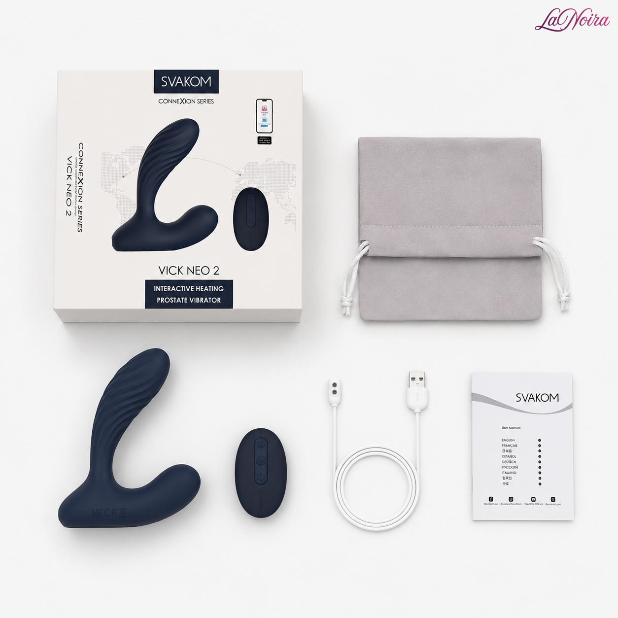 Svakom Vick Neo 2 package contents including prostate massager, remote control, storage pouch, charging cable and user manual - LaNoira