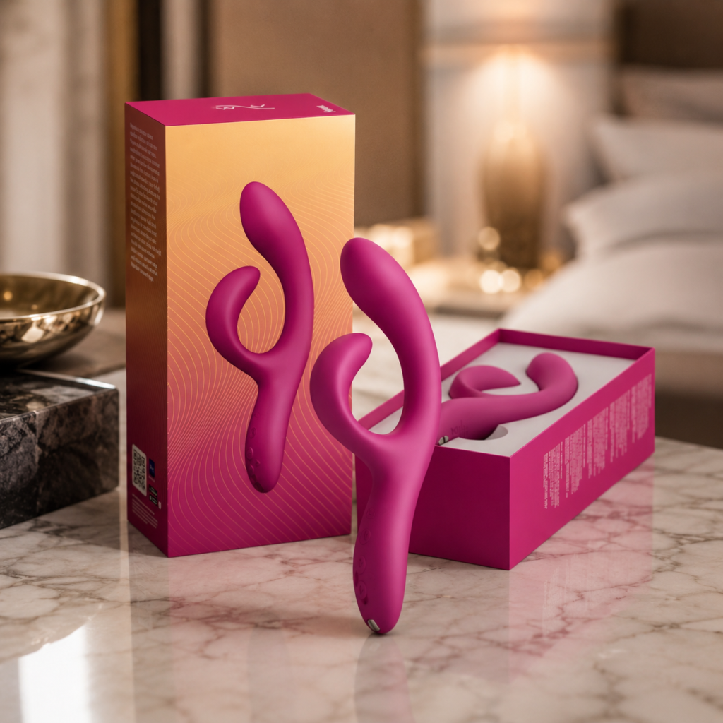 We-Vibe Nova 2 rabbit vibrator displayed beside branded retail packaging highlighting its ergonomic dual-arm design - LaNoira India.